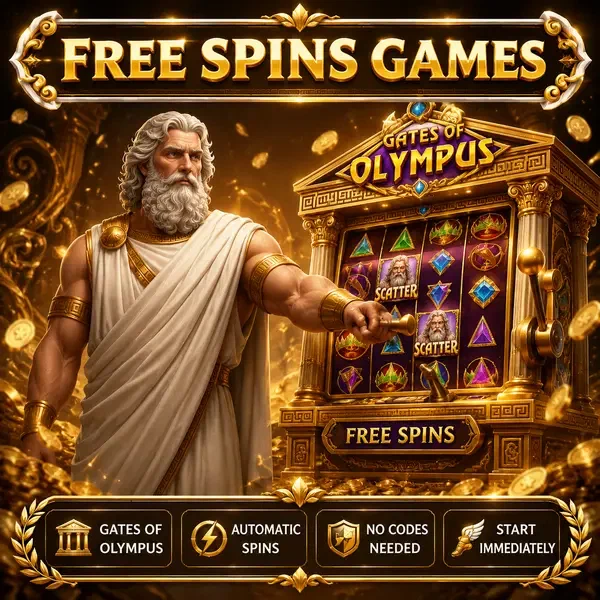Antike griechische Figur zieht goldenen Spielautomatenhebel mit Freispielen, die bei Gates of Olympus herabfallen