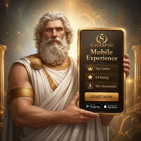 Der Patriarch präsentiert Savaspin mobile App auf goldenem Tablet mit gelassener Weisheit